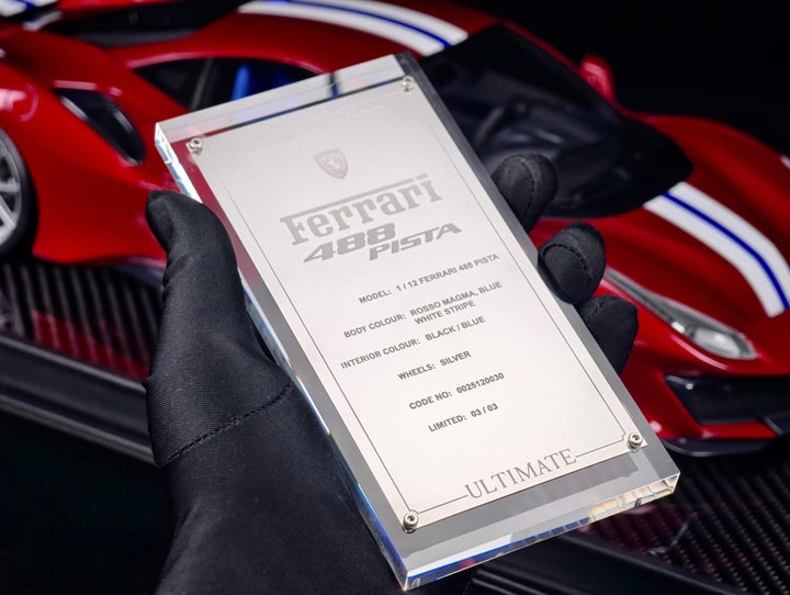 Ferrari 488 Pista (Rosso Magma, Blue/ White Stripe)[Davis & Giovanni] 1:12 scale