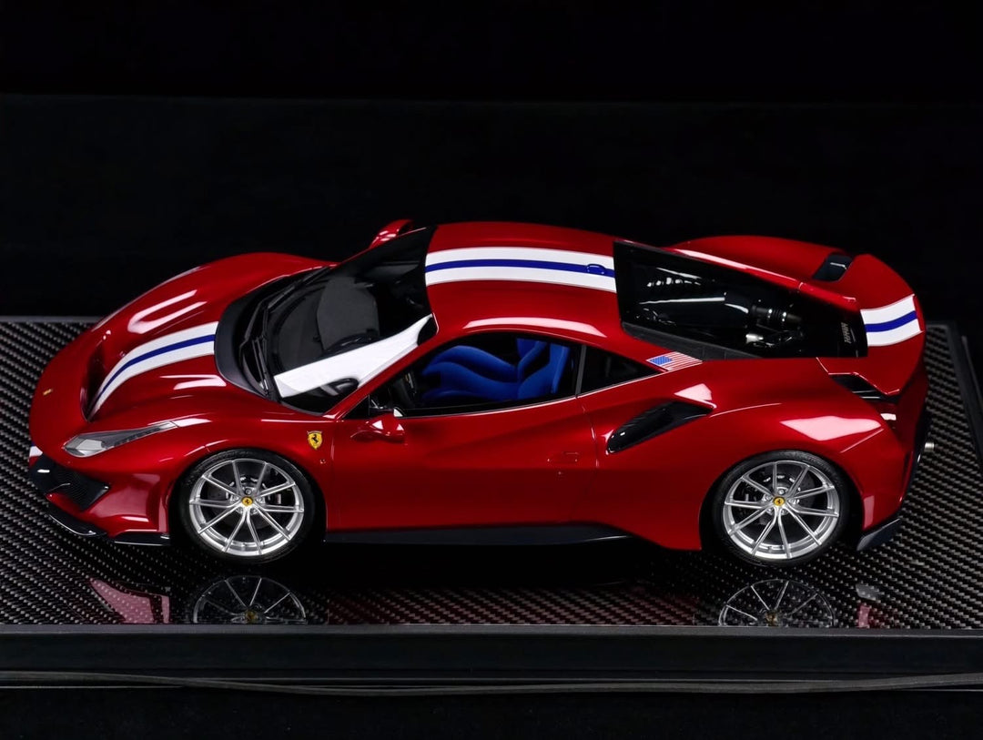 Ferrari 488 Pista (Rosso Magma, Blue/ White Stripe)[Davis & Giovanni] 1:12 scale