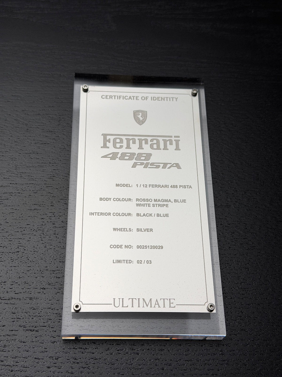 Ferrari 488 Pista (Rosso Magma, Blue/ White Stripe)[Davis & Giovanni] 1:12 scale