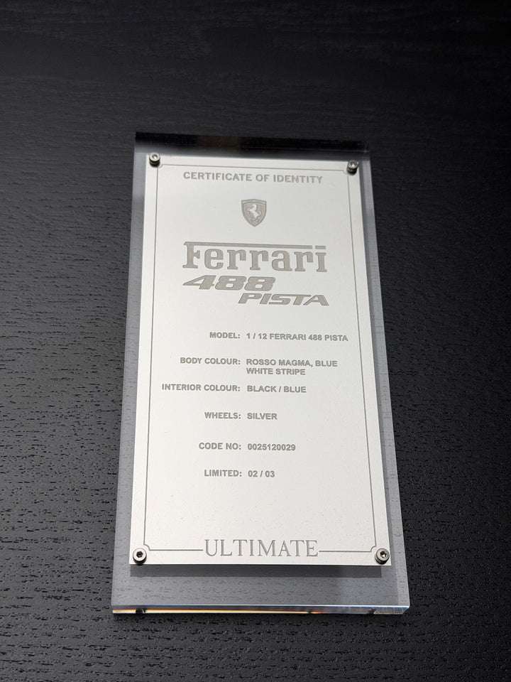Ferrari 488 Pista (Rosso Magma, Blue/ White Stripe)[Davis & Giovanni] 1:12 scale