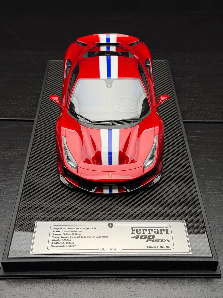Ferrari 488 Pista (Rosso Magma, Blue/ White Stripe)[Davis & Giovanni] 1:12 scale