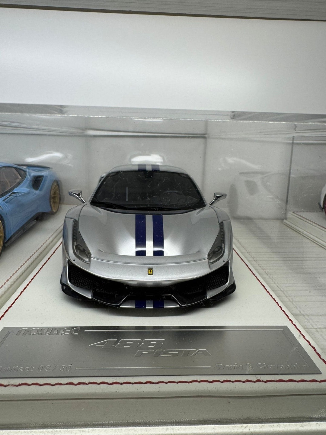 Ferrari 488 Pista NOVITEC (Silver w/ Blue Stripes) [Davis & Giovanni] 1:18 scale