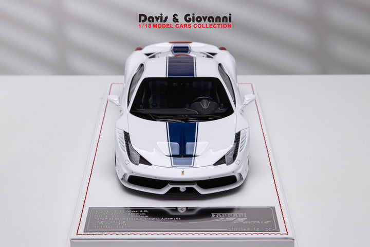 Ferrari 458 Speciale (White/ Blue Stripe) [Davis & Giovanni] 1/18 scale